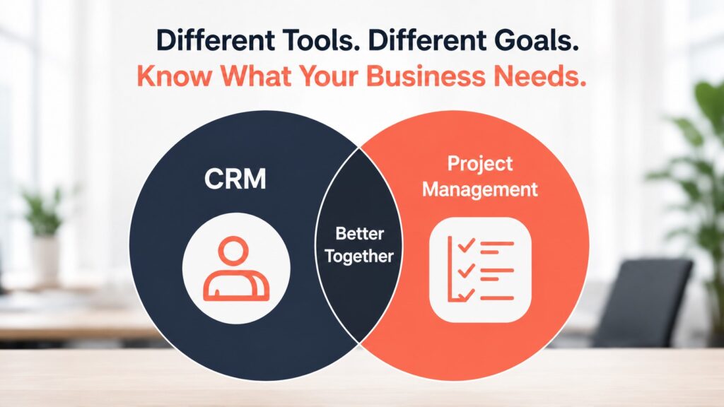 CRM and Project Management tools for businesses, highlighting how both systems work better together to improve customer relationships, task management, and business efficiency.