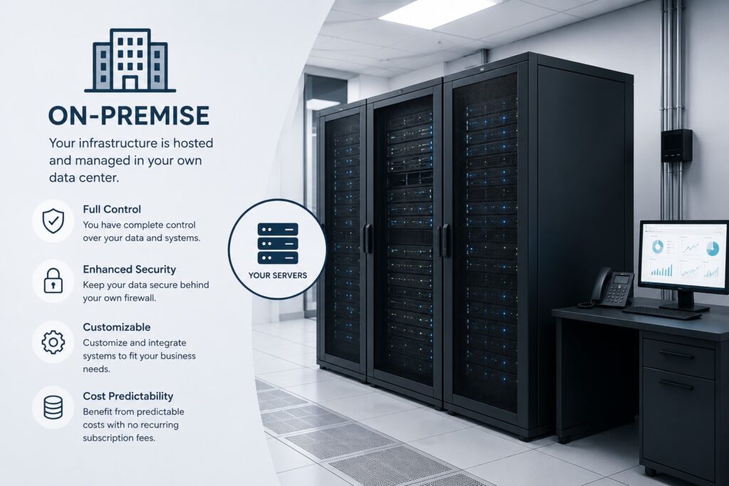 on-premise CRM system with servers and local database, showing business software interface managed within company infrastructure.