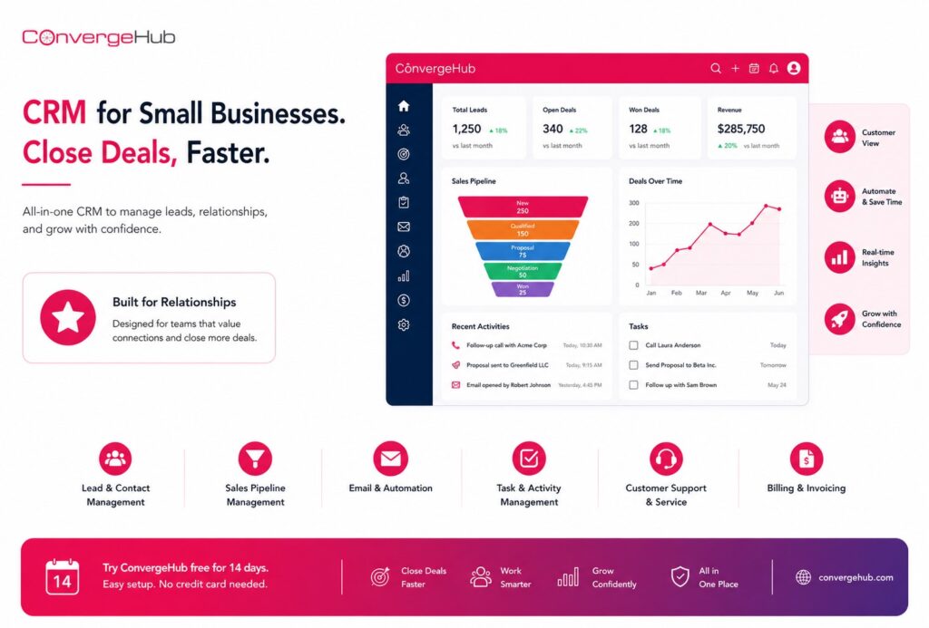 ConvergeHub homepage featuring an all-in-one CRM platform for small businesses with tools for sales, marketing, customer support, automation, billing, and project management