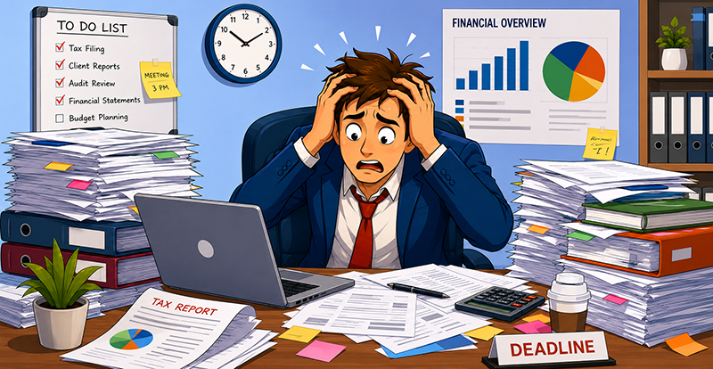 Business owner overwhelmed by messy Excel spreadsheets, realizing the need for a CRM system to streamline customer management and growth