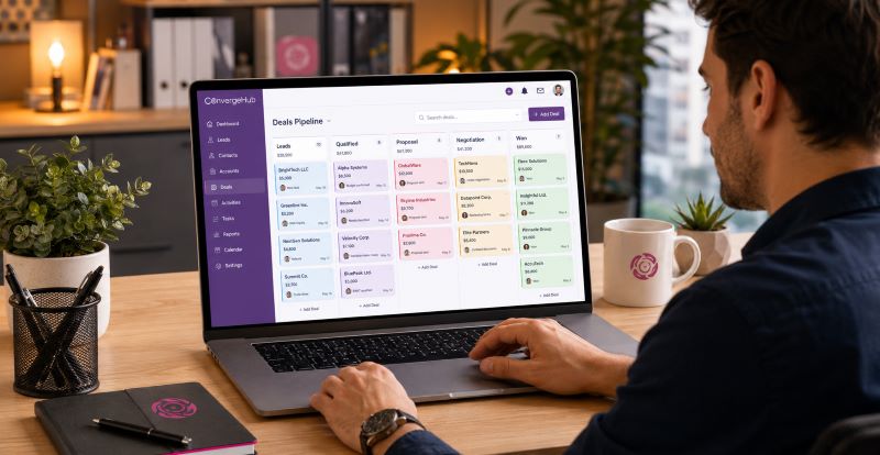 A small business owner sitting at a desk reviewing a color-coded CRM sales pipeline dashboard on a laptop screen, with deal cards organized across multiple pipeline stages