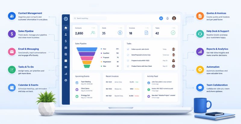 ConvergeHub CRM dashboard showing sales pipeline, tasks, invoices, automation, and team collaboration features for small businesses