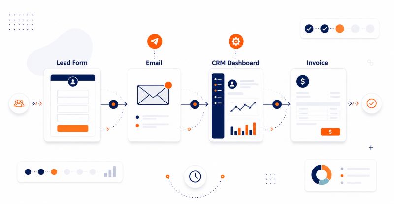 A clean workflow automation graphic showing four connected business steps labeled Lead Form, Email, CRM Dashboard, and Invoice, linked by arrows in a left-to-right flow, using navy and orange accents on a white background.