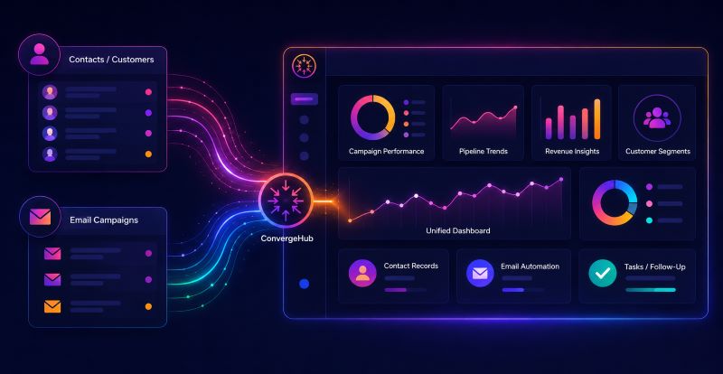  CRM software integration syncing customer contact data with email marketing automation into one unified small business dashboard