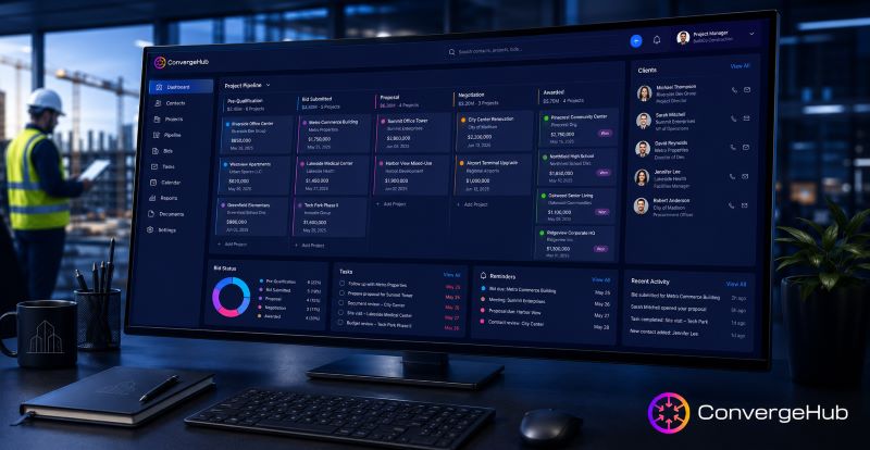 CRM dashboard for construction companies showing bid pipeline and client management data.