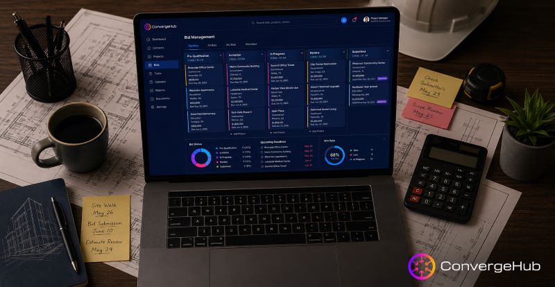 CRM bid management software interface displaying active construction proposals, submission deadlines, win rate analytics, and estimator performance data for construction companies