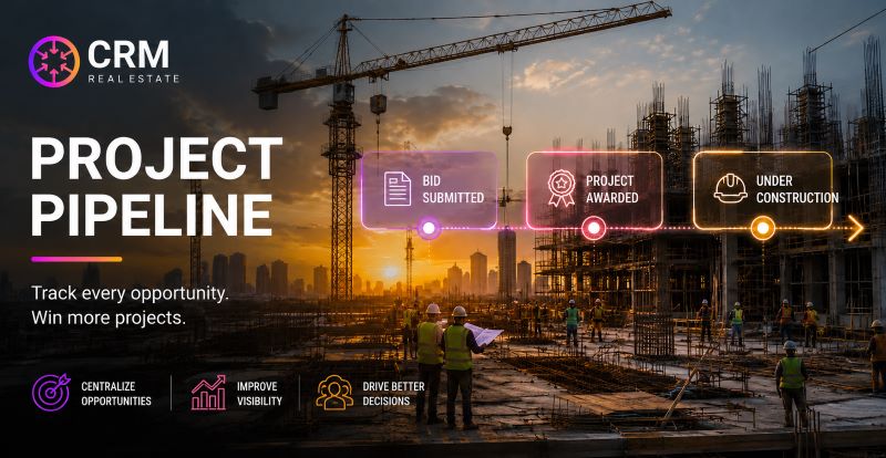 Construction project pipeline management dashboard showing bid stages from submission to project award, with milestone tracking, deadline alerts, and multi-project visibility for construction teams