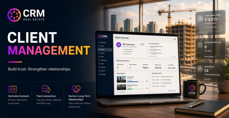 ConvergeHub CRM client profile interface showing contractor client management features including interaction history, open bids, automated follow-up sequences, and pipeline deal stages for construction companies