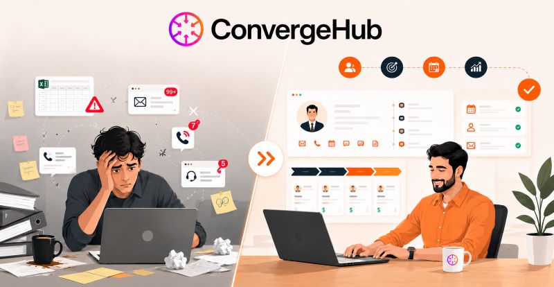 Split-screen ConvergeHub CRM illustration showing a stressed IT professional managing scattered spreadsheets, emails, calls, and support alerts on the left, and an organized professional using a centralized CRM dashboard with contacts, tasks, pipeline, and follow-ups on the right.