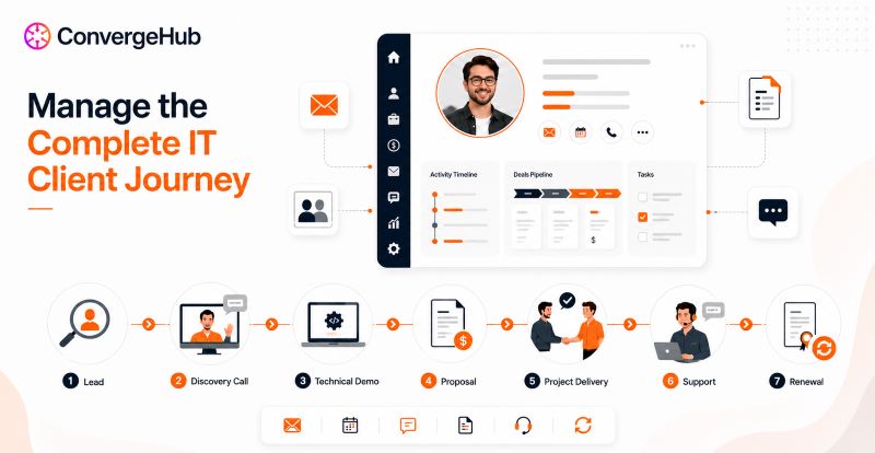 ConvergeHub CRM interface illustrating the complete IT client journey from lead and discovery call to technical demo, proposal, project delivery, support, and renewal.