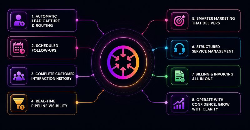Futuristic ConvergeHub CRM workflow graphic showing connected features for automatic lead capture, scheduled follow-ups, complete customer history, real-time pipeline visibility, smarter marketing, service management, billing, and confident business growth.