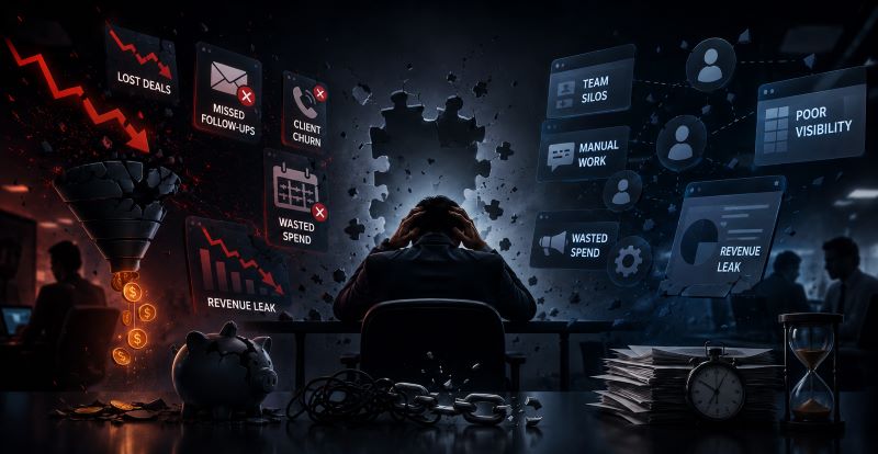 Dark CRM failure visual showing a stressed business owner surrounded by warning panels for lost deals, missed follow-ups, client churn, wasted spend, team silos, poor visibility, manual work, and revenue leaks.