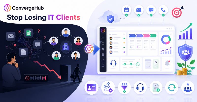 ConvergeHub graphic contrasting a dark left side showing a stressed businessman surrounded by chaotic disconnected contacts, tangled relationship lines, missed emails, red X marks, a downward revenue arrow, and clients walking away, with a bright right side displaying an organized CRM dashboard with color-coded pipeline stages, client profiles, analytics charts, donut graphs, and surrounding icons for security, support, growth, notifications, and goal tracking, representing the transformation from client loss to systematic retention and revenue growth