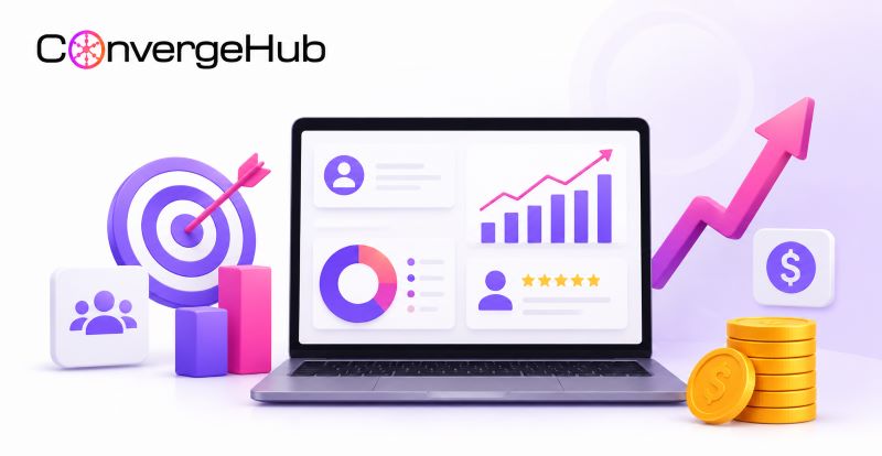 CRM for small businesses dashboard showing ROI analytics, customer data, sales growth metrics, performance tracking charts, and business revenue insights.