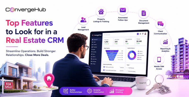 ConvergeHub Real Estate CRM blog cover featuring a real estate professional using a laptop with a CRM dashboard, surrounded by icons for lead management, property listings, automated follow-ups, document management, client communication, reporting analytics, mobile CRM access, and transaction tracking. Real estate elements including residential properties, location pins, and house keys highlight CRM features for real estate businesses.
