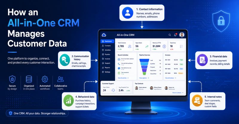 Infographic showing how an all-in-one CRM manages customer data in one secure platform, including contact information, communication history, financial data, behavioral data, and internal notes, all connected to a central CRM dashboard.