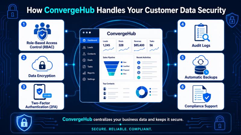 Infographic in a white, pink, and purple color palette showing how ConvergeHub protects customer data with six security features—role-based access control, data encryption, two-factor authentication, audit logs, automatic backups, and compliance support—connected to a central CRM dashboard.