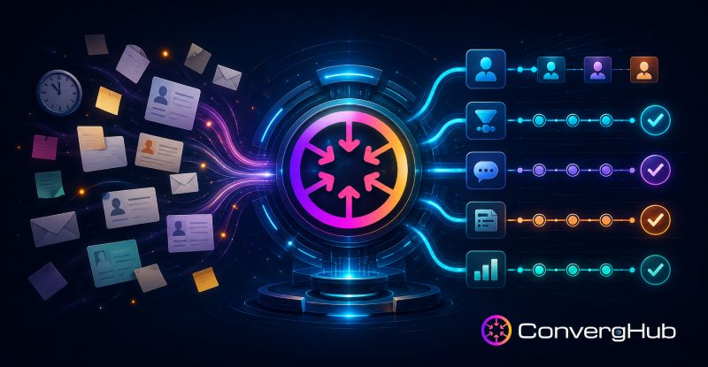 ConvergeHub CRM visual showing scattered customer data flowing into one central platform, then organizing leads, contacts, messages, tasks, and reports into connected workflows
