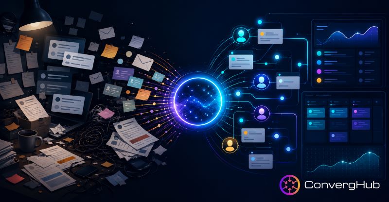 ConvergeHub CRM image showing scattered customer records, emails, notes, and tasks being transformed into organized customer profiles, workflows, analytics, and sales dashboards.