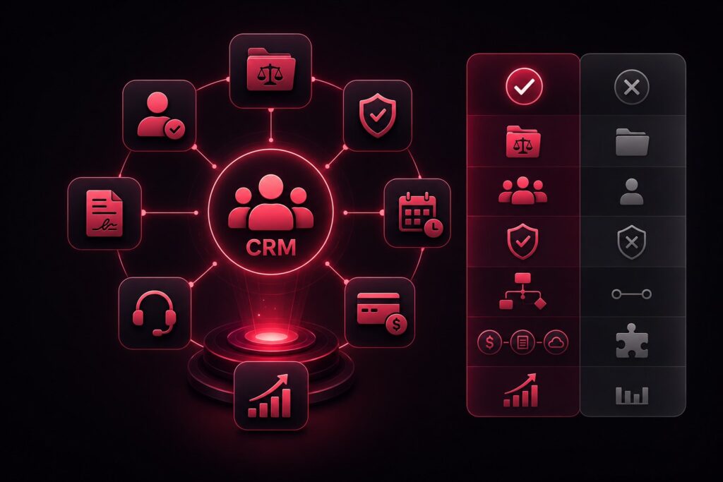 ConvergeHub Legal CRM infographic showing how law firms can replace disconnected spreadsheets, emails, sticky notes, invoices, and scattered documents with a centralized client management platform featuring matter tracking, communication management, workflow automation, billing, reporting, and automated follow-ups.