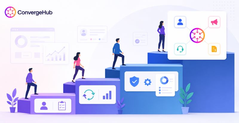 Illustration of people climbing steps toward connected CRM tools, showing business growth through customer management, automation, analytics, security, and integrated sales and service workflows.