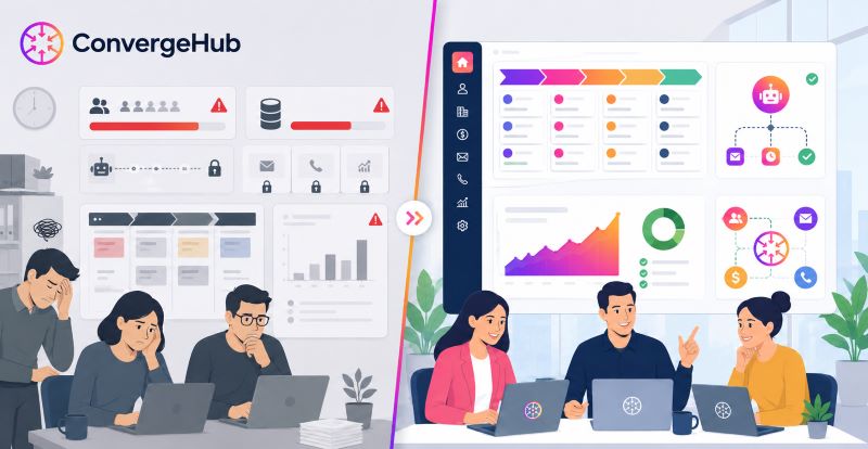 Comparison graphic showing the difference between free and paid CRM software, highlighting limits in users, features, automation, integrations, reporting, customization, support, and scalability.