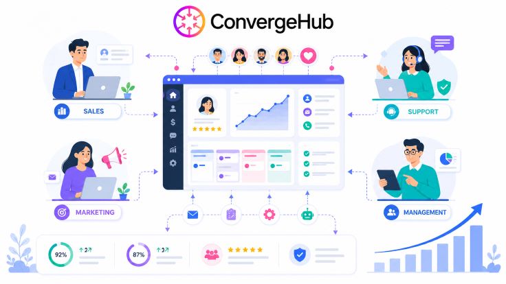 ConvergeHub CRM workflow illustration showing sales, marketing, support, and management teams connected to a central CRM dashboard with customer data, task automation, performance metrics, and growth charts.
