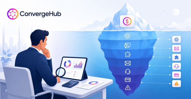 Illustration of a business professional analyzing CRM software costs, with an iceberg visual showing hidden pricing factors such as setup, customization, integrations, automation, support, security, and ongoing maintenance beneath the visible sticker price.