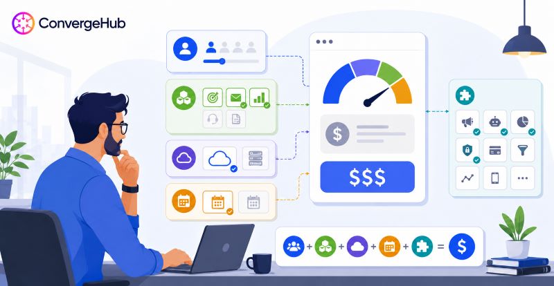 Illustration explaining the key factors that drive CRM software pricing, including users, features, customization, integrations, automation, data storage, support, and deployment needs.