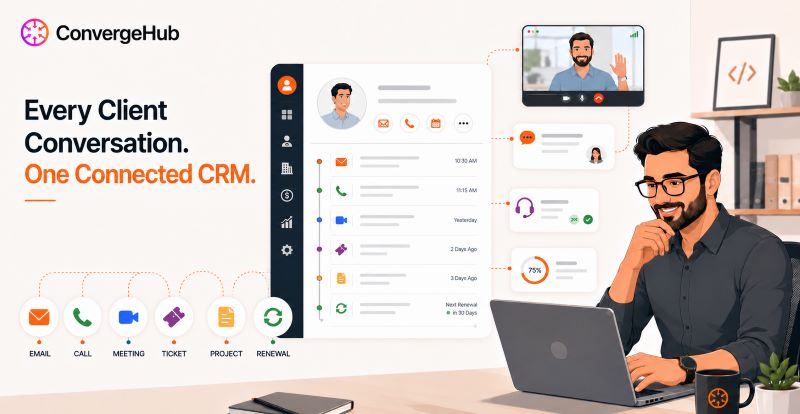 ConvergeHub CRM dashboard showing a connected client communication timeline across email, calls, meetings, support tickets, projects, and renewals, with an IT professional managing the relationship from a laptop