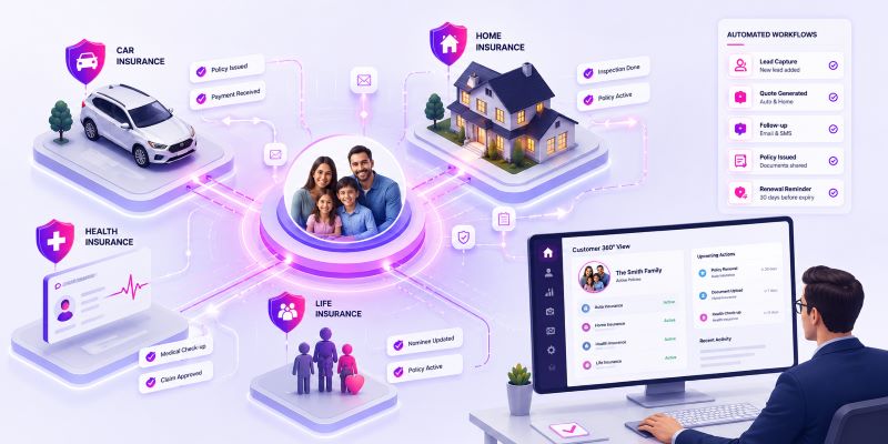 An illustration of a connected insurance ecosystem showing a family at the center linked to auto, home, health, and life insurance services through automated digital workflows.