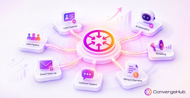 A modern, light-themed illustration showing a central CRM platform connected to seven business functions: CRM pipeline, lead capture, AI automation, marketing, billing and payments, customer support, and email follow-up. Soft purple, pink, and orange gradient accents on a white background emphasize how CRM software unifies key business operations into one connected system. The ConvergeHub logo appears in the bottom-right corner.