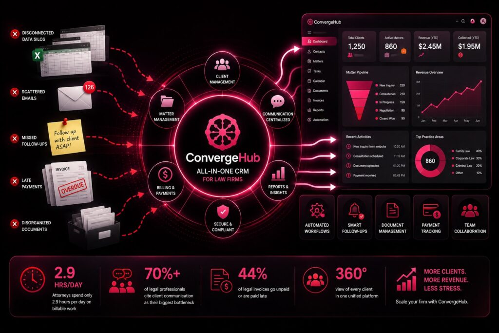 CRM for lawyers helps small law practices scale smarter, including centralized client management, automated follow-ups, streamlined billing, workflow automation, and data-driven insights, all managed through the ConvergeHub Legal CRM platform.