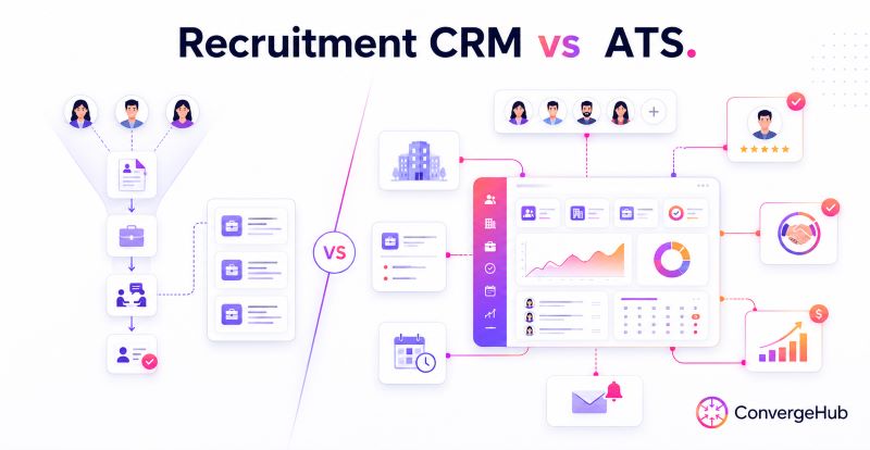 CRM vs ATS comparison infographic showing how recruitment teams use CRM to manage client relationships, follow-ups, and sales pipelines, while ATS focuses on applicant tracking, resumes, hiring stages, and candidate workflows.