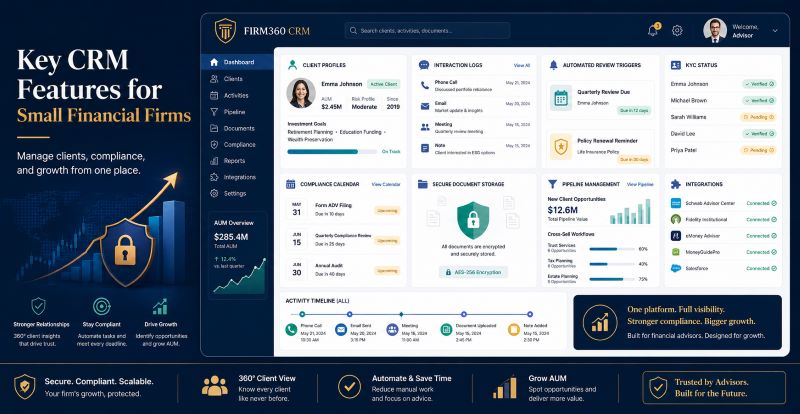 An illustration of financial CRM showing key features for small financial firms, including client profiles, interaction logs, automated review triggers, KYC status, compliance calendar, secure document storage, pipeline management, and integrations, with visuals for security, compliance, and AUM growth.