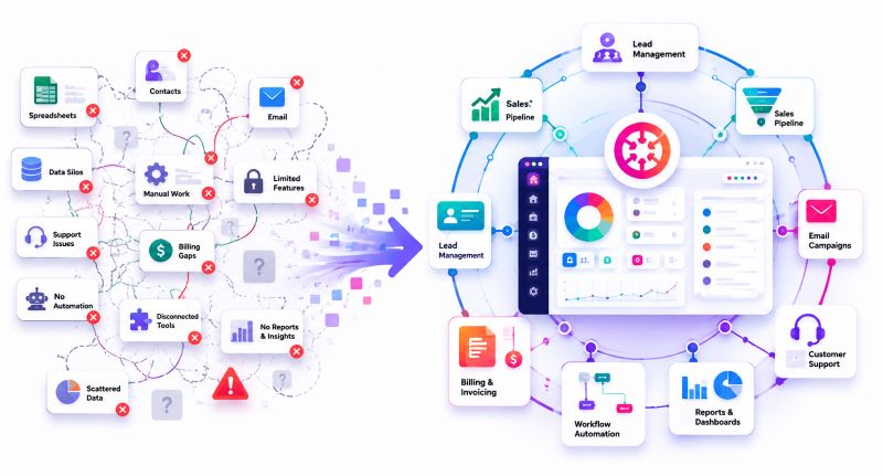 Fragmented free CRM tools with scattered data, limited features, and disconnected workflows transforming into an organized all-in-one CRM platform for small business growth.