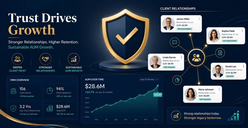 Financial CRM illustration showing a shield with a checkmark, connected client profile cards, and an upward AUM growth chart representing stronger client trust, retention, and asset growth.