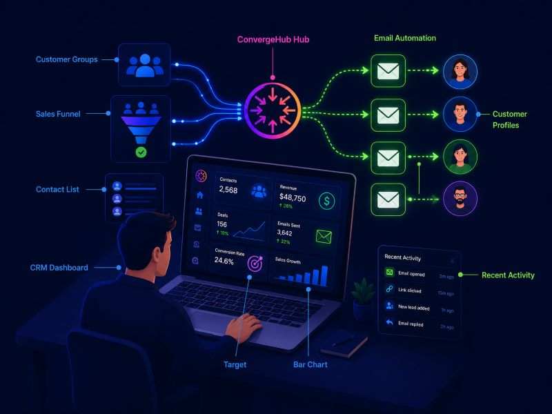Small business owner managing CRM software with automated email marketing workflows to streamline customer follow-ups and drive revenue