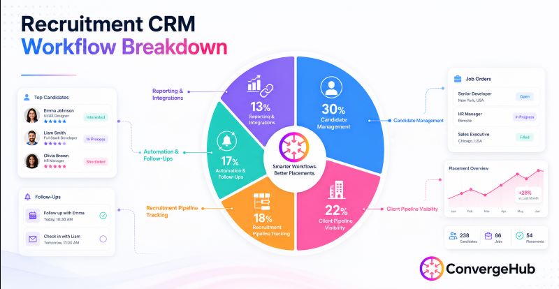 Recruitment CRM workflow breakdown infographic showing candidate management, client pipeline visibility, recruitment pipeline tracking, automation and follow-ups, and reporting integrations with percentage segments around a ConvergeHub workflow chart.