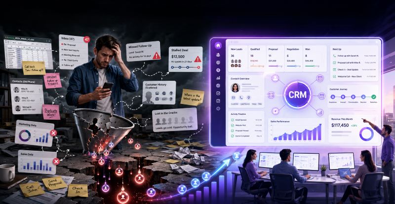 AI-powered free CRM software dashboard showing lead scoring, deal predictions, next-action recommendations, drafted follow-up emails, and priority lead alerts for small businesses.