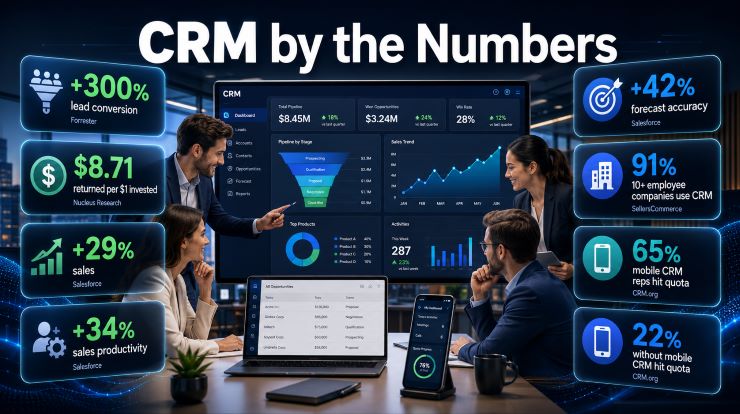 CRM by the Numbers' showing a team reviewing a CRM dashboard with key statistics: +300% lead conversion (Forrester), $8.71 returned per $1 invested (Nucleus Research), +29% sales (Salesforce), +34% sales productivity (Salesforce), +42% forecast accuracy (Salesforce), 91% of companies with 10+ employees use CRM (SellersCommerce), 65% of mobile CRM reps hit quota vs 22% without mobile CRM (CRM.org).