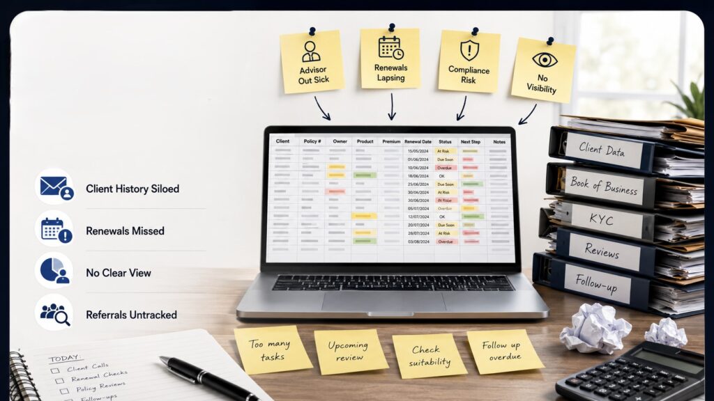 CRM for financial services workspace showing a spreadsheet dashboard, overdue renewals, compliance risks, siloed client history, untracked referrals, and manual client records.
