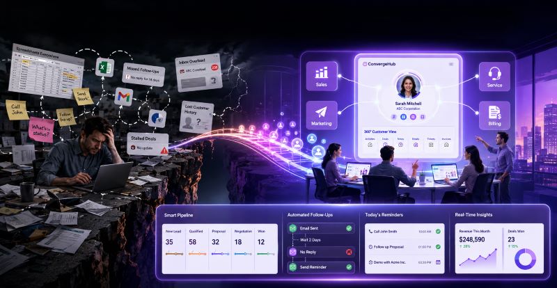 A split-screen image showing a chaotic sales workspace with spreadsheets, missed follow-ups, and lost customer data on the left, transforming into a modern ConvergeHub CRM dashboard on the right with organized pipelines, automated follow-ups, reminders, sales insights, and connected sales, marketing, service, and billing tool