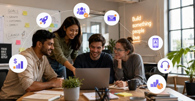 Team of professionals collaborating around a laptop, exploring the best CRM software for startups to manage customer relationships, sales growth, and communication in one platform."