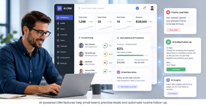 AI-powered CRM features help small teams prioritize leads and automate routine follow-up.