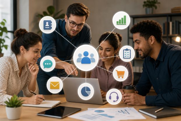 Business team using a CRM platform to organize customer data, communication, sales, tasks, and support, illustrating what a CRM is and why a small business may need one.