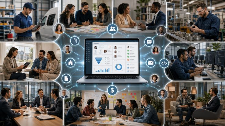 CRM software connecting small businesses across service, marketing, consulting, manufacturing, real estate, SaaS, professional services, and startup teams through centralized customer data and sales management.