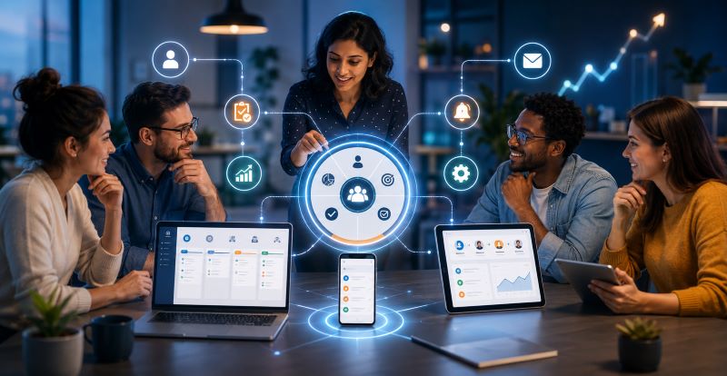 Team using a user-friendly CRM platform across laptop, tablet, and mobile, highlighting clean interface design, mobile access, workflow automation, follow-up reminders, and simple pipeline management.