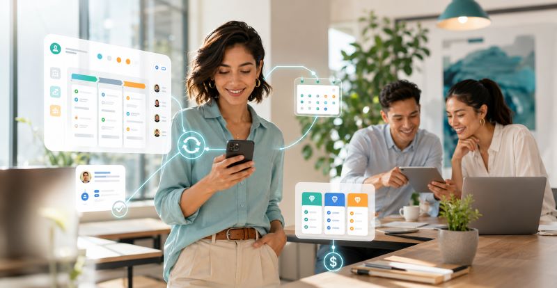 User-friendly CRM platform shown across mobile, laptop, and digital dashboards, highlighting mobile access, simple pipeline management, automation, follow-up tracking, and transparent pricing features for small business teams.