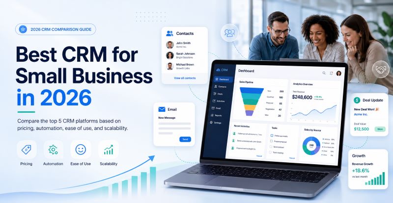 Best CRM for small business comparison guide showing CRM dashboard, sales pipeline, automation, and customer management features